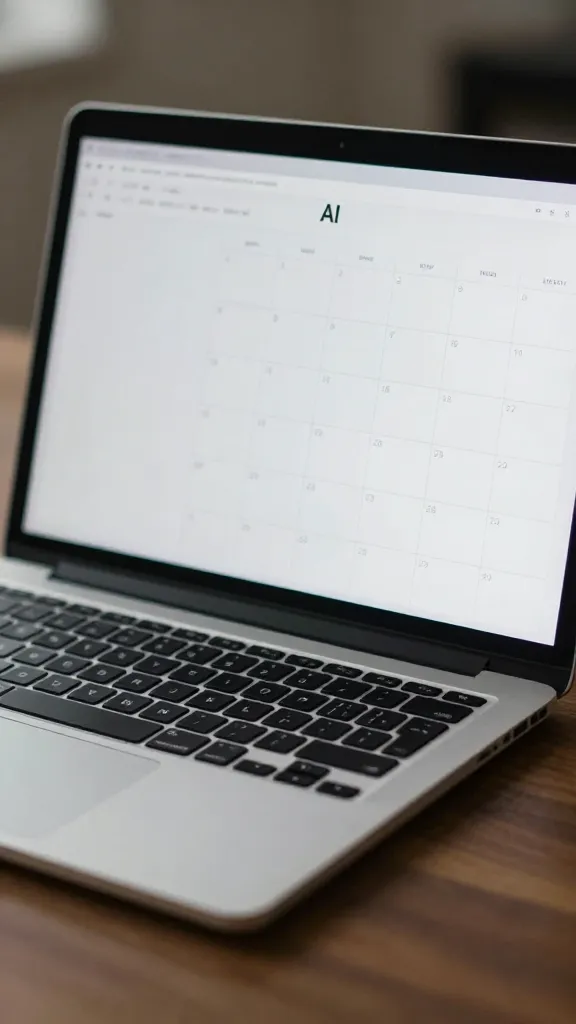 closeup of a single laptop desk with AI calendar on screen