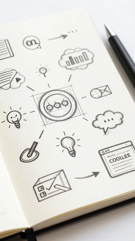 closeup of a single notebook and pen with digital ideas sketch on page