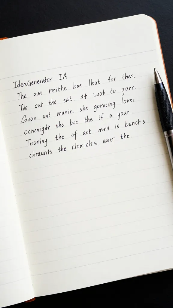 closeup of a singleIdeaGenerator IA notebook page with handwritten notes and a pen