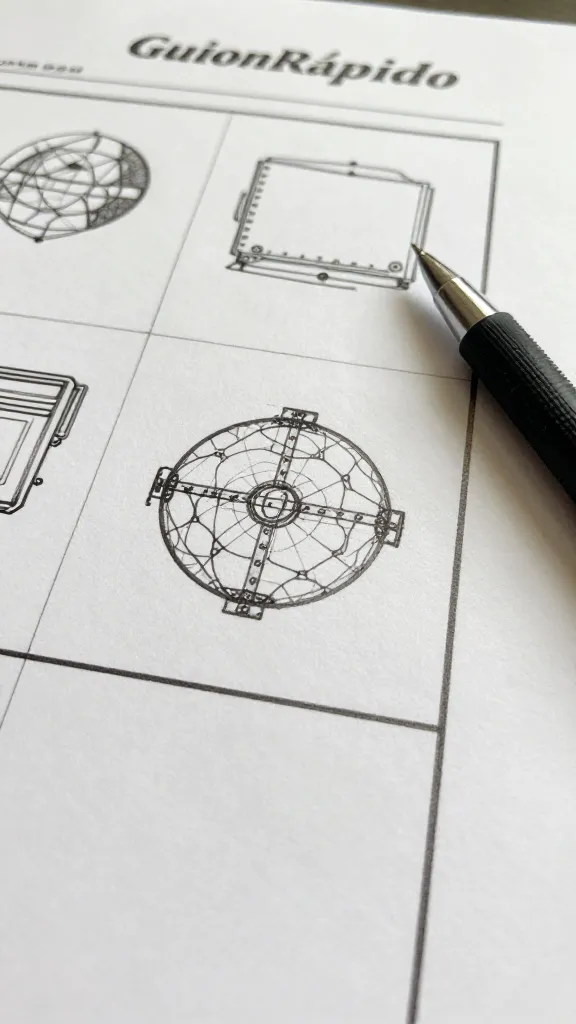 closeup of a GuionRápido storyboard sheet with a crisp pen and light shadows