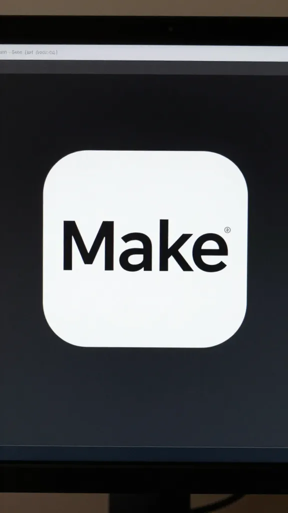 closeup of a single Make (Integromat) logo on a modern monitor background