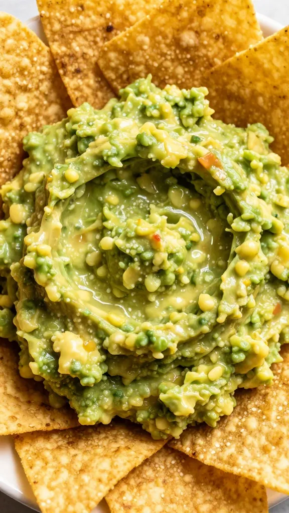 closeup of a single plate of guacamole tightly lit, crisp tortilla chips around edge