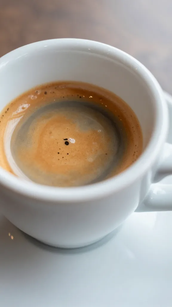closeup of a single espresso cup on saucer, crema visible, natural morning light