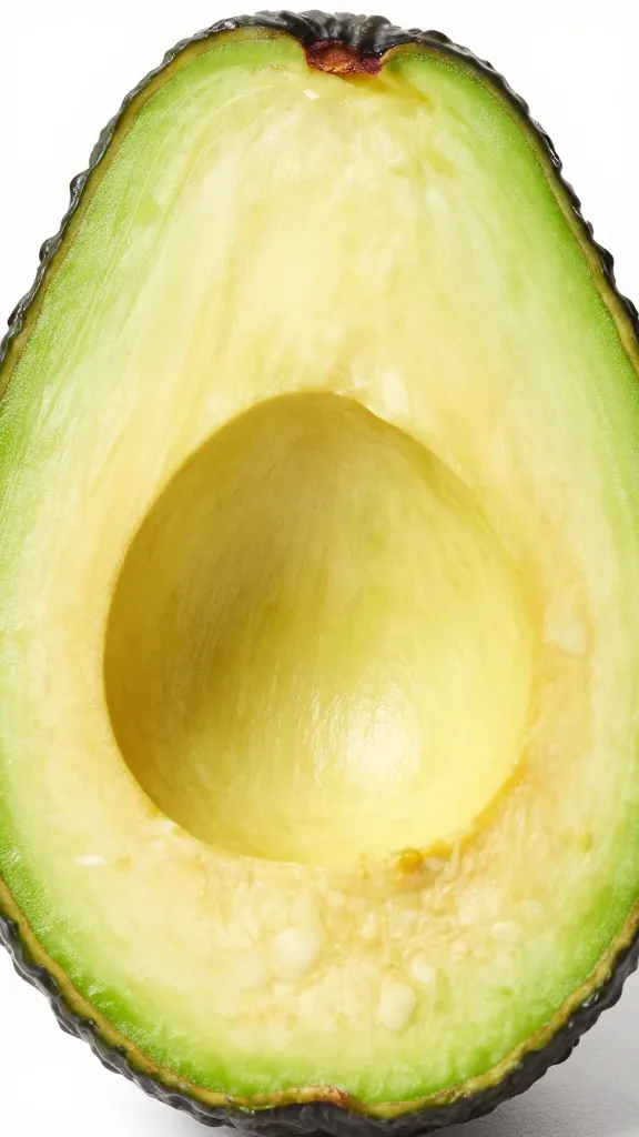 closeup of a single avocado halved, vivid green flesh, subtle texture detail