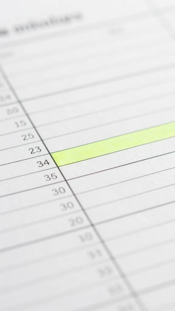 closeup of a single spreadsheet notebook with a single highlighted cell, soft focus background
