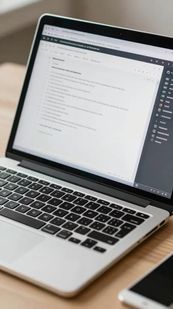 closeup de una laptop abierta mostrando un informe generado por IA en una mesa de oficina