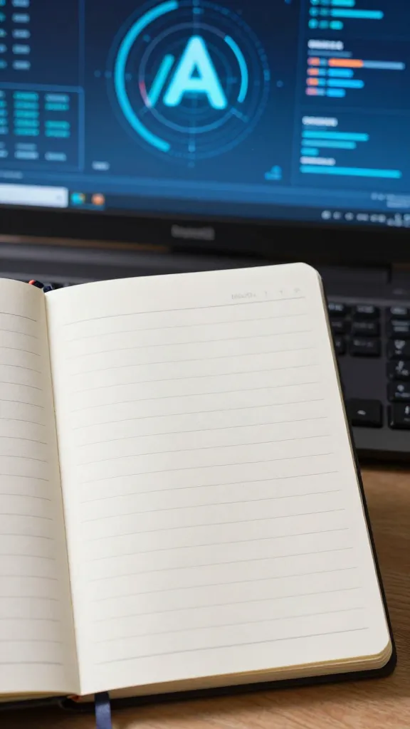 primer plano de una libreta con texto limpio y un bolígrafo frente a un monitor con gráficos IA