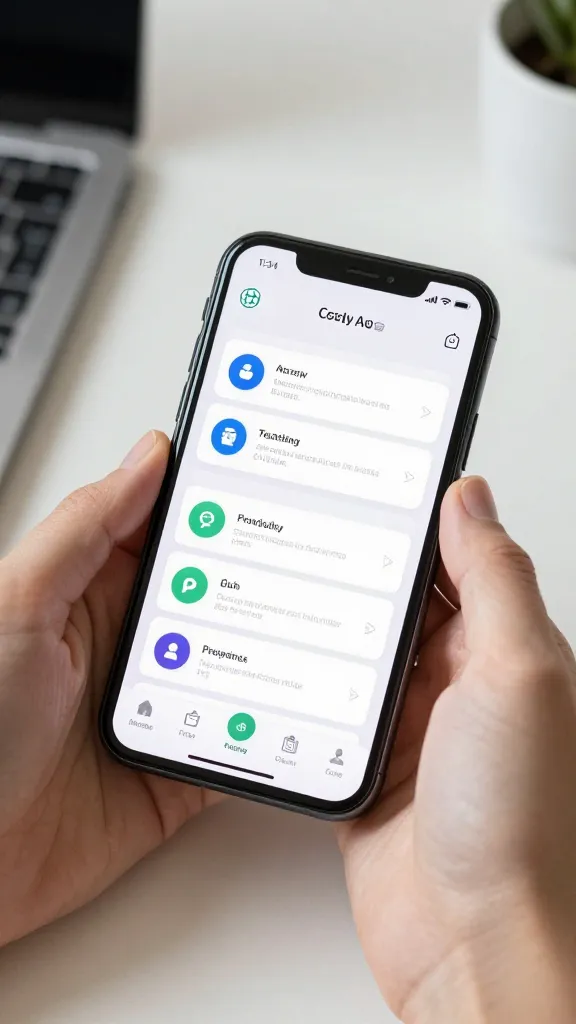 toma cercana de un teléfono mostrando una app de IA con notificaciones, sobre una mesa de trabajo limpia