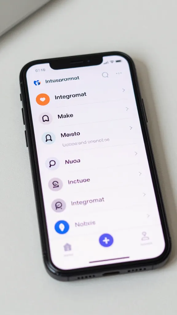 closeup of a single smartphone displaying Make (Integromat) automation sequence on a clean desk