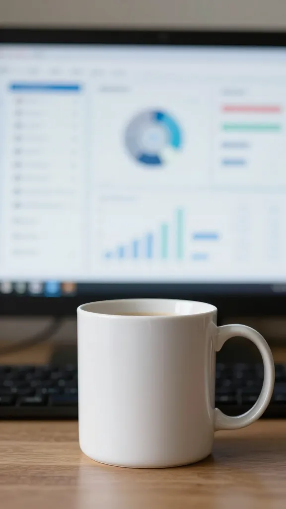 closeup of a single coffee mug beside a blurred screen showing AI dashboards
