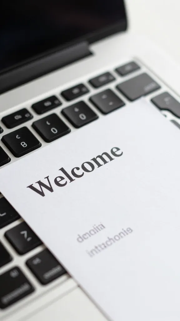 closeup of a single welcome email on a laptop keyboard with soft natural light