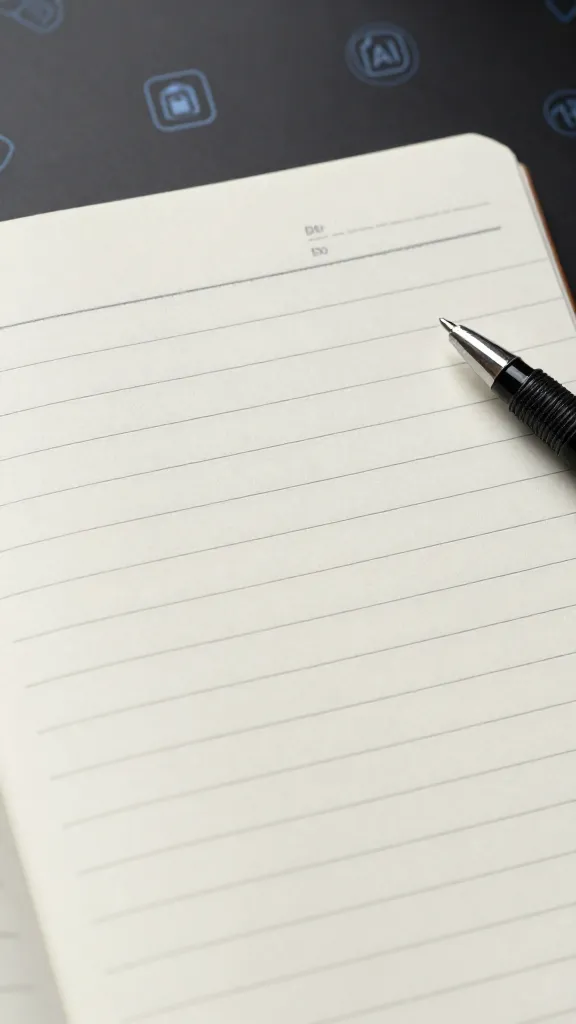 closeup of a single copywriting sheet or notepad with a pen, on a desk, subtle AI icons in background