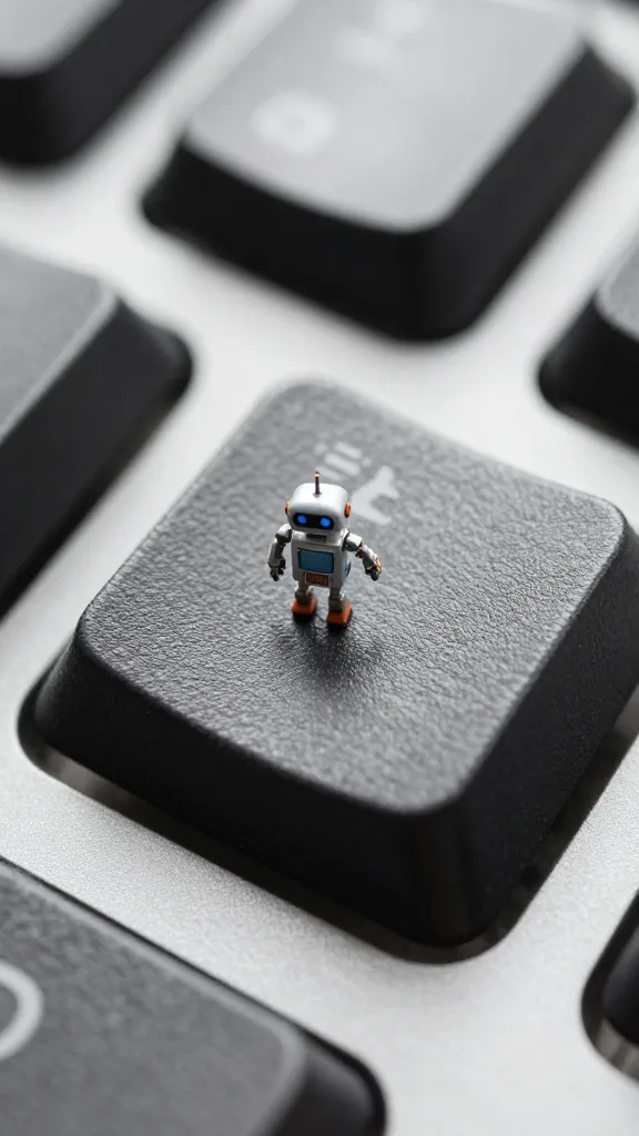 closeup of a single computer keyboard key with a tiny robot figurine