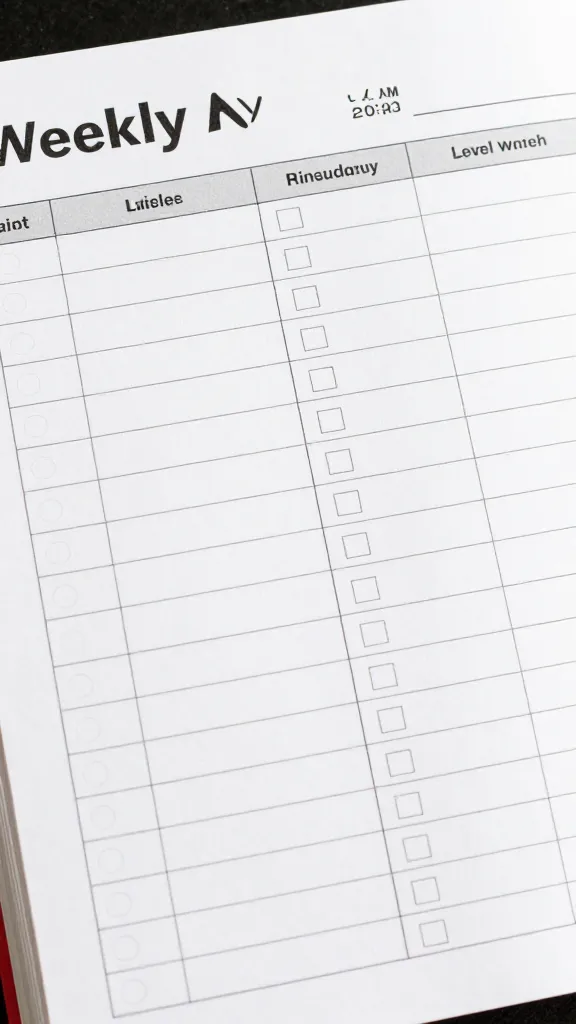 closeup of a weekly plan sheet with AI-generated templates and checklists