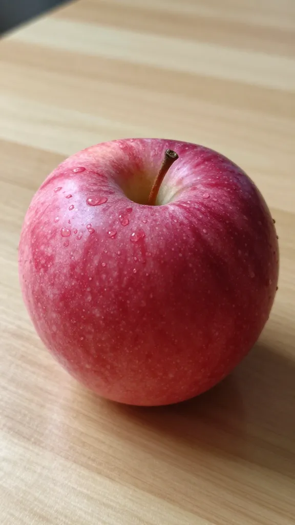 closeup of a single bright red apple on a wooden desk