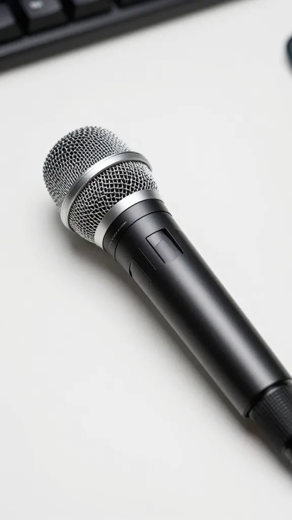 closeup of a single microphone on a clean white desk