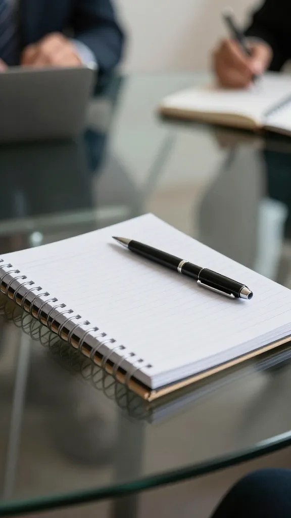 closeup of a lone consultant notebook and pen on a glass table during a meeting