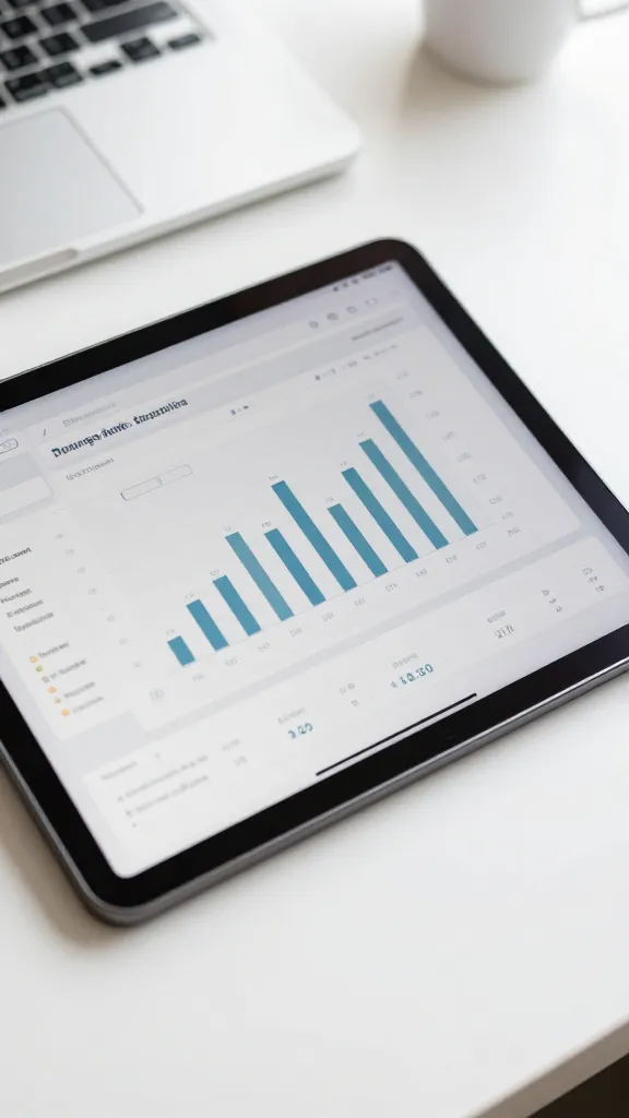 closeup of a single analytics report tablet showing charts, natural lighting on white desk