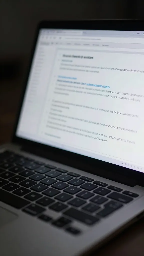 closeup of a laptop keyboard with AI-generated report on screen, dramatic shallow DOF