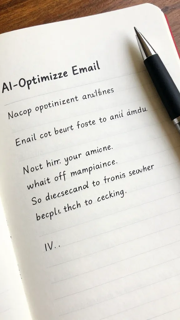 closeup of a notebook and pen with AI-optimized email draft on page, natural light
