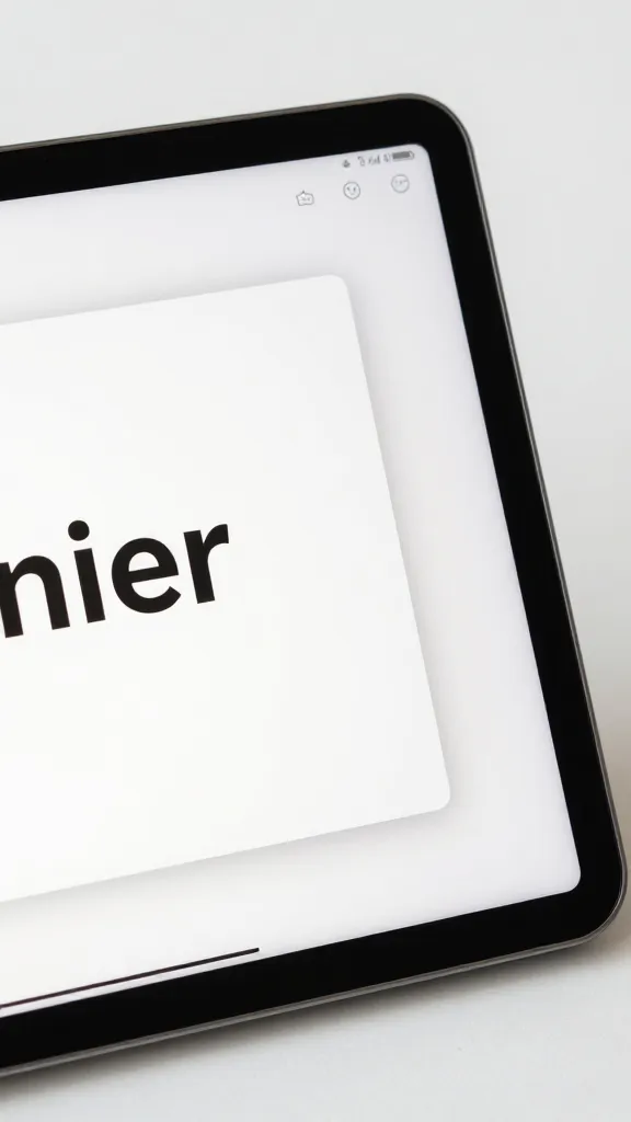 closeup of a tablet displaying a presentation template, clean background, real textures