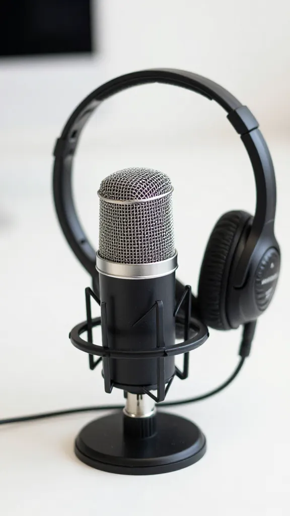 closeup of a high-quality microphone and headset on a clean desk for online content creation