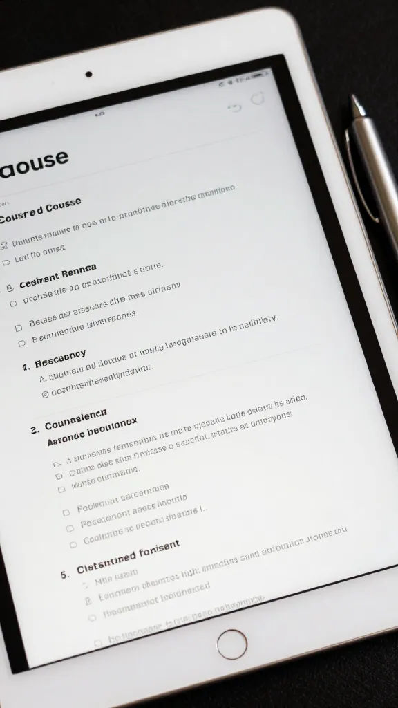 closeup of a sleek white tablet displaying course outline with pen beside