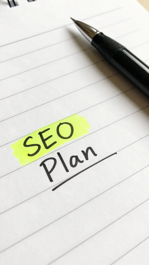 closeup of a notepad and pen beside a highlighted SEO plan for an article