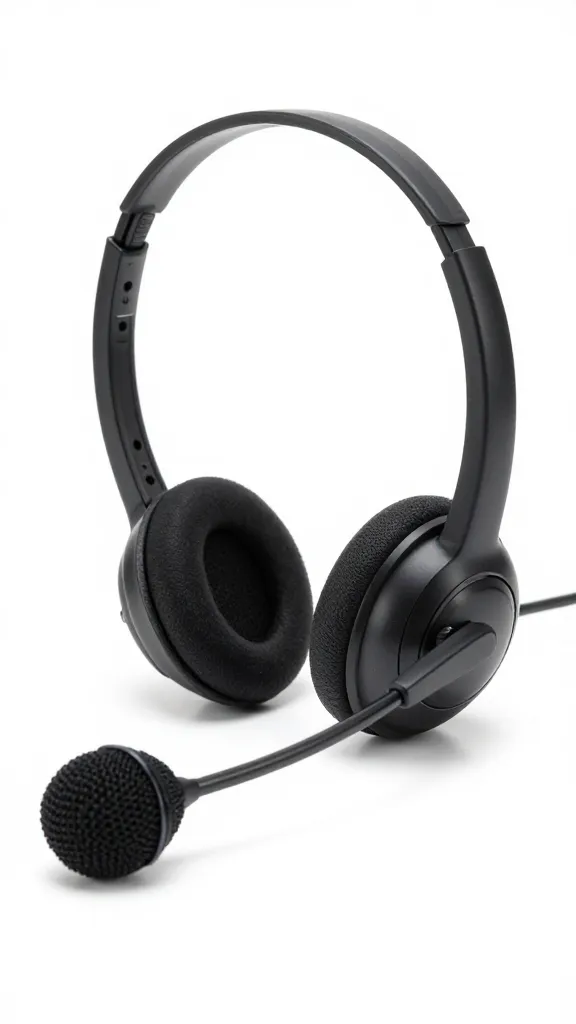 closeup of a single customer service headset resting beside a microphone