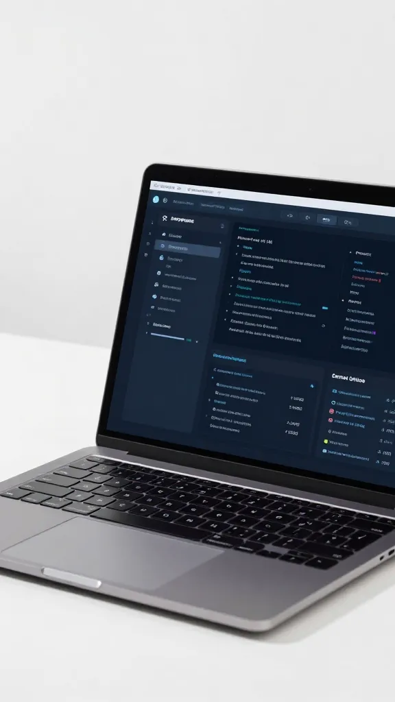 closeup of a single laptop displaying AI dashboard on clean desk