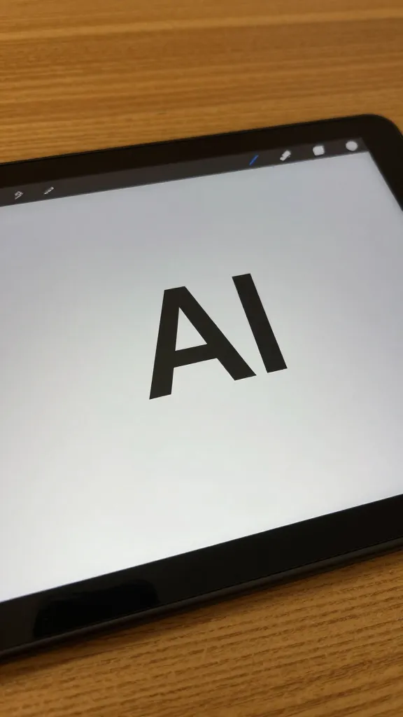 closeup of a single graphic tablet with AI logo on wooden table