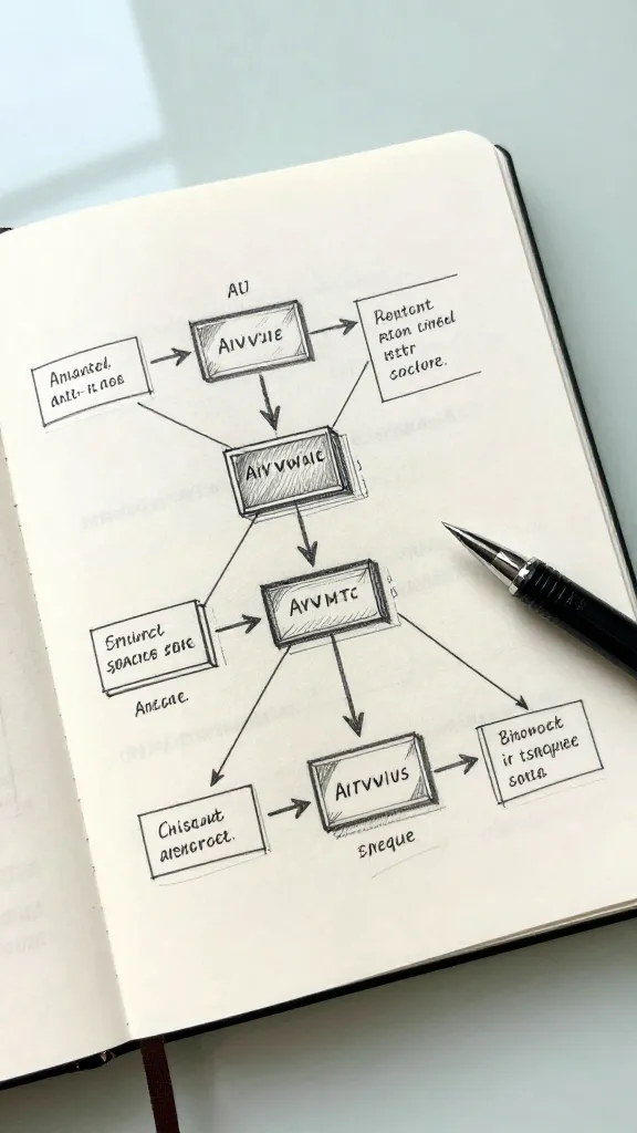 closeup of a single notebook with AI workflow sketch and pen on glass surface
