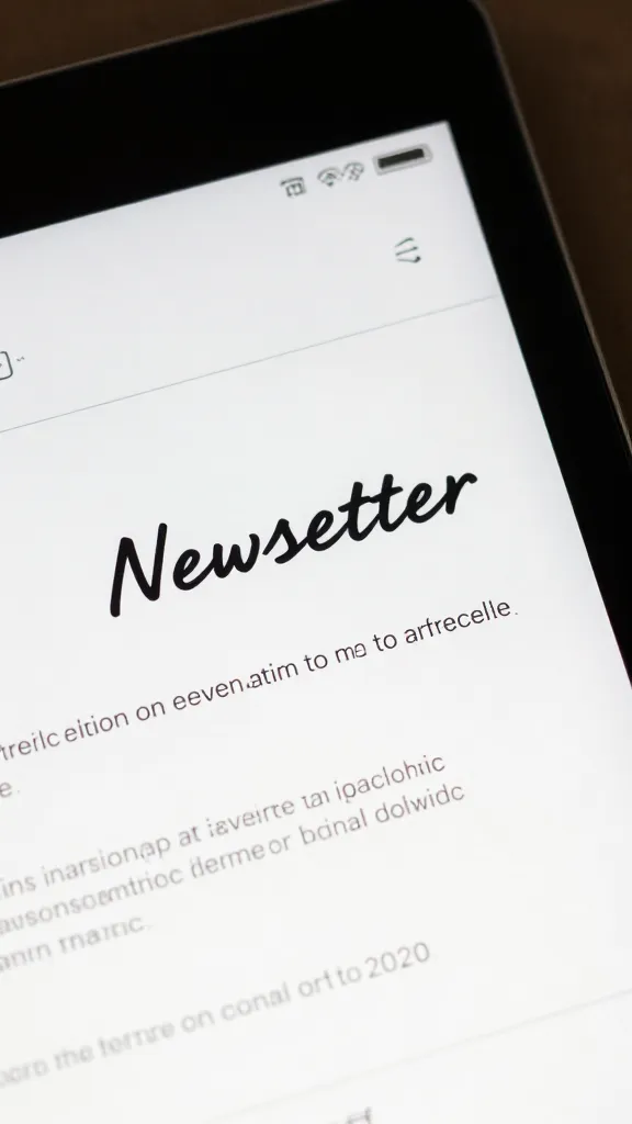 closeup of a single newsletter email template on a tablet screen, human handwriting flourish