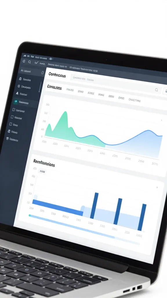 Closeup of a single AI dashboard on a laptop screen, bright data charts