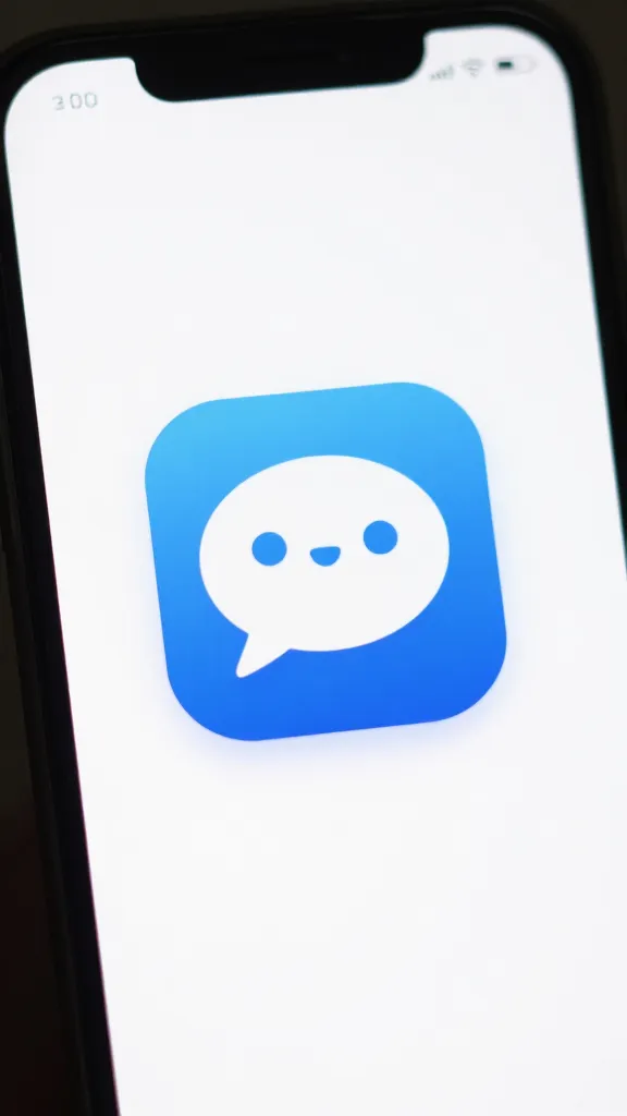 Closeup of a single chatbot icon on a smartphone screen, clean UI glow