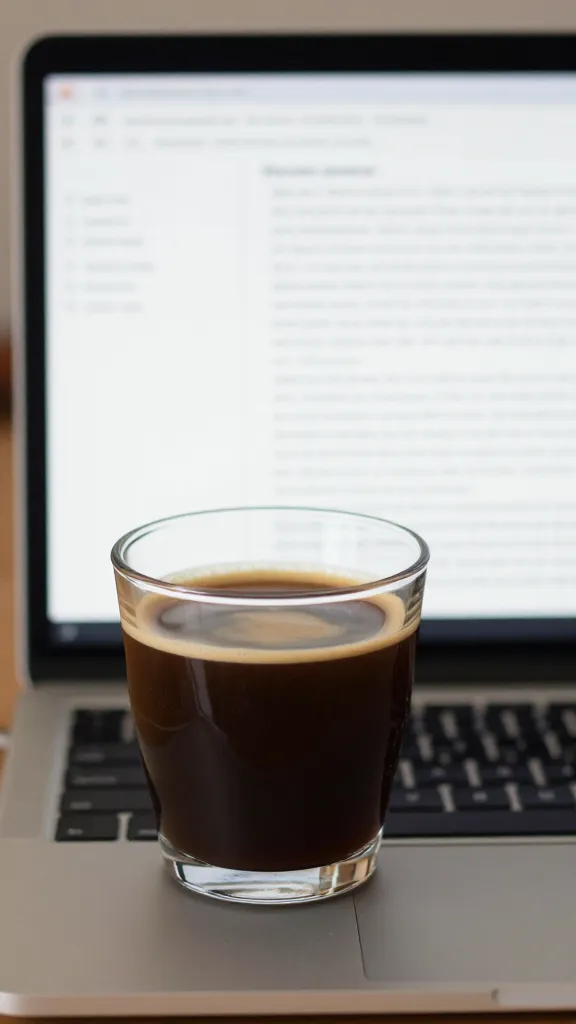 closeup of a lone glass of coffee beside a laptop showing an article outline