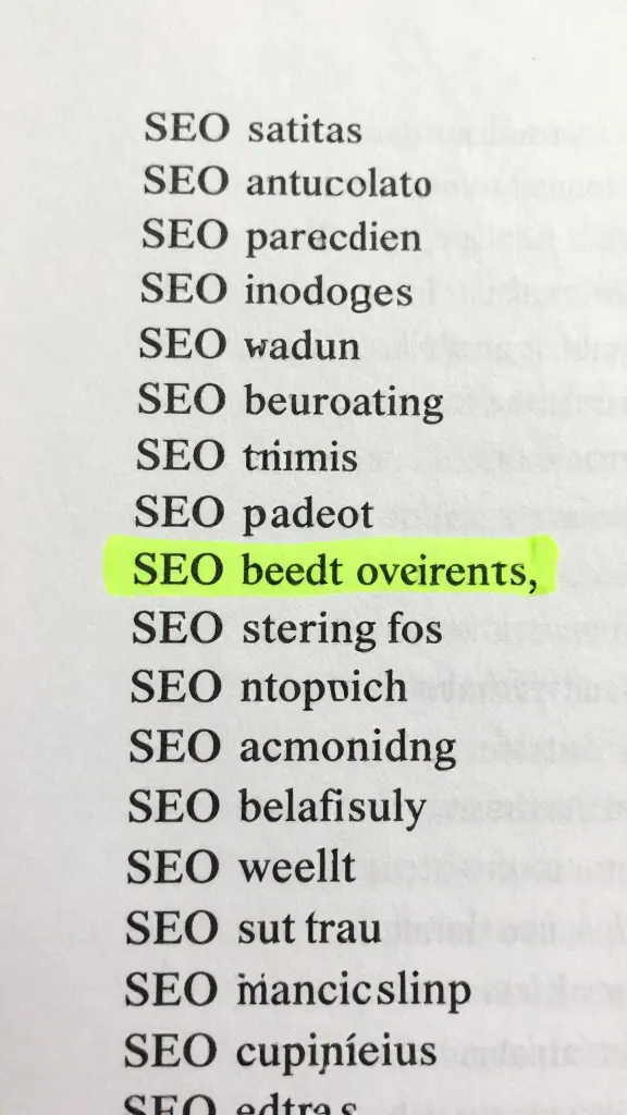 closeup of a single sheet of paper with SEO keywords and a highlighted sentence on desk