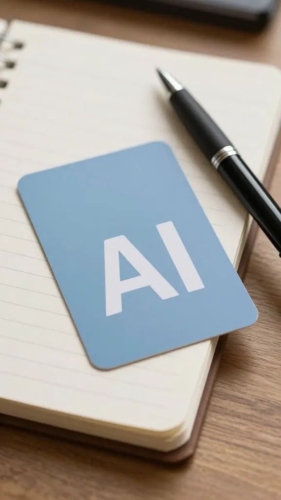 Closeup of a notebook and pen with AI branding card, natural light on desk