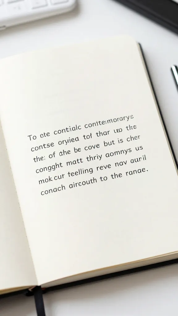 closeup of a single content-creation notebook with IA-generated text on a clean desk