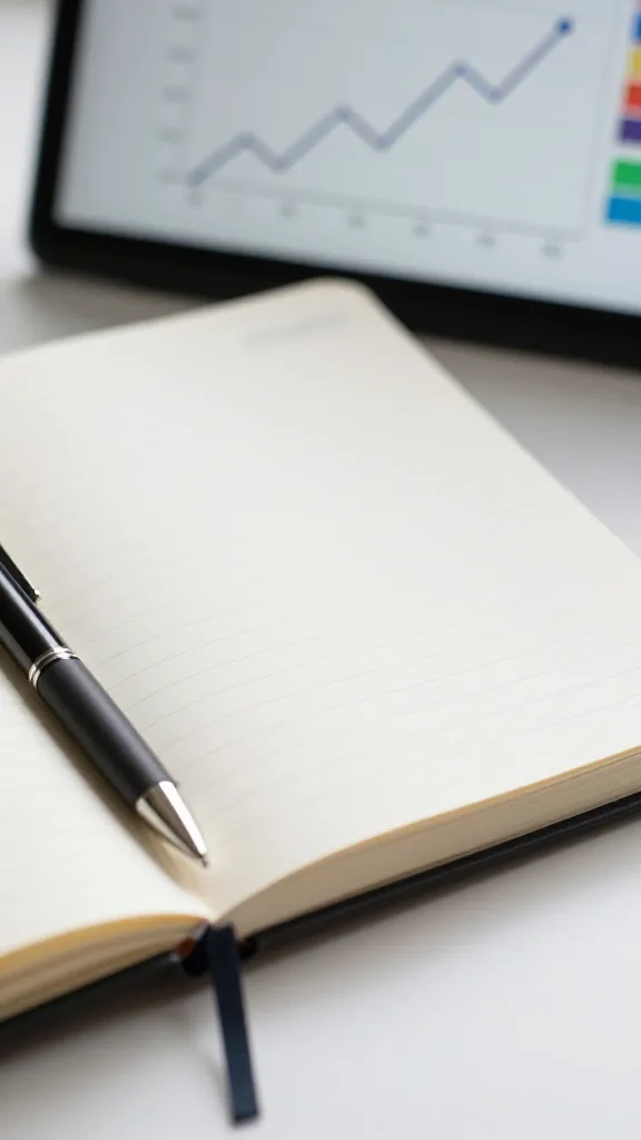 closeup of a single notebook and pen with AI trend charts on screen