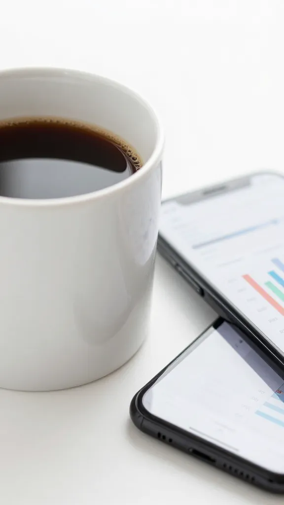 closeup of a single white mug with coffee beside a smartphone displaying analytics