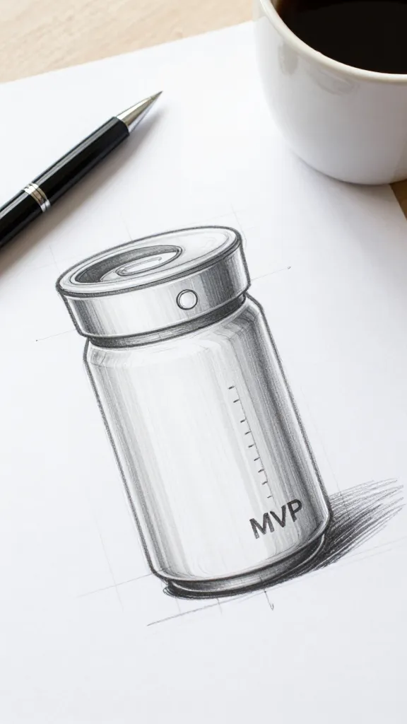 closeup of a product MVP prototype sketch on paper with a sleek pen and coffee cup nearby