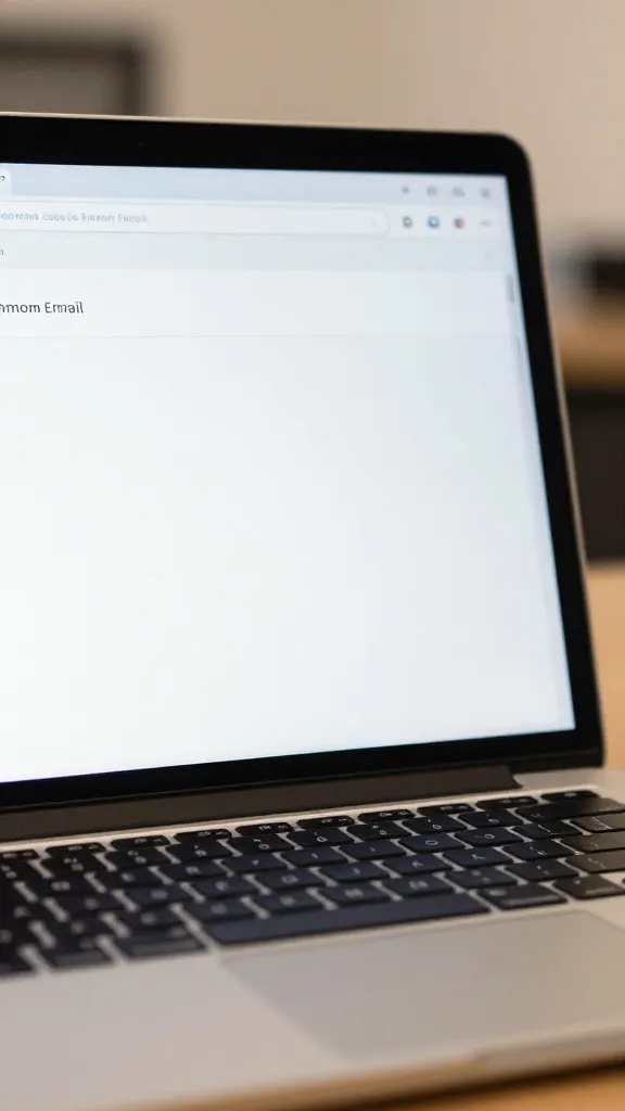 closeup of a single laptop screen displaying a branded email draft, in focus with soft office lighting