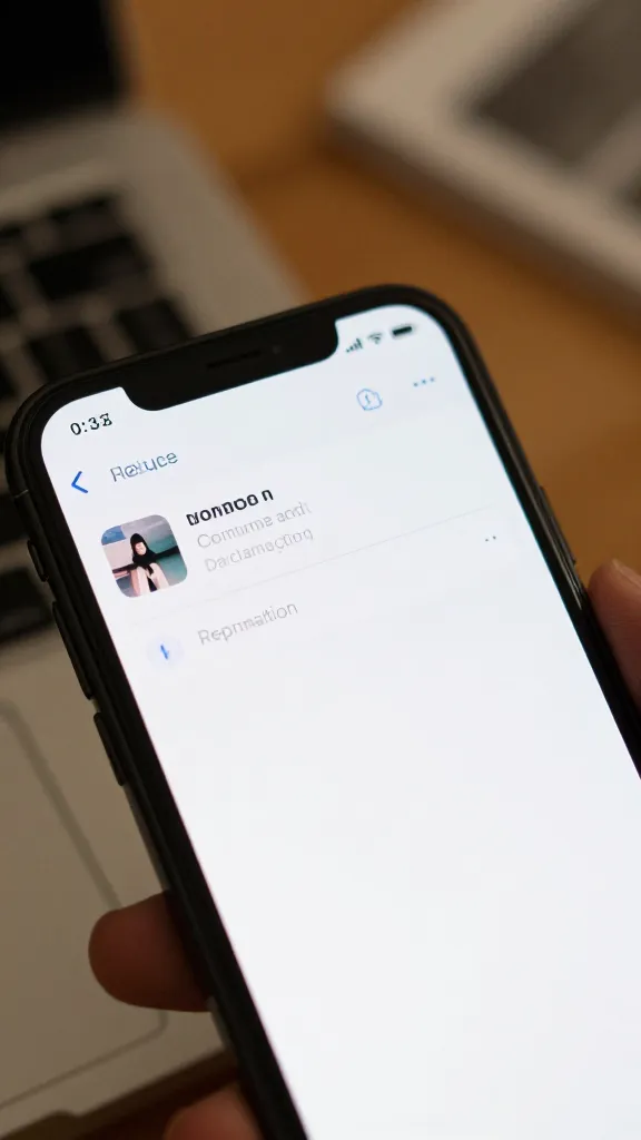 closeup of a single smartphone screen showing a content prompt, natural desk clutter blur
