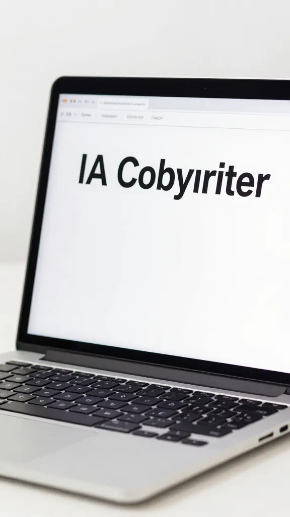 closeup of a single IA copywriting laptop screen showing headline draft on a clean desk