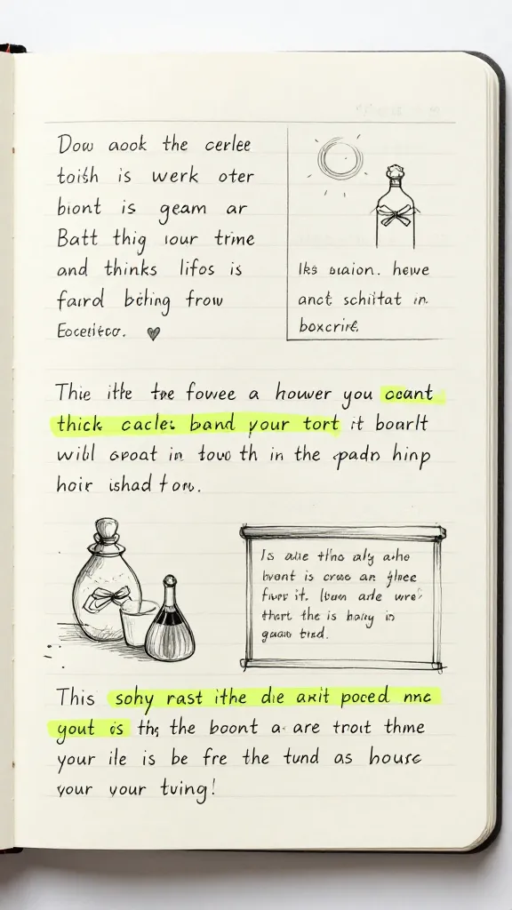 closeup of a single notebook page with AI-generated ad copy sketches and highlighted edits