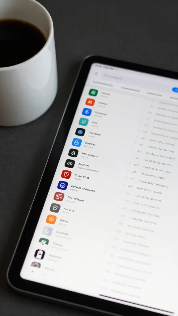 closeup of a single coffee cup beside a sleek tablet displaying an AI SEO keyword list