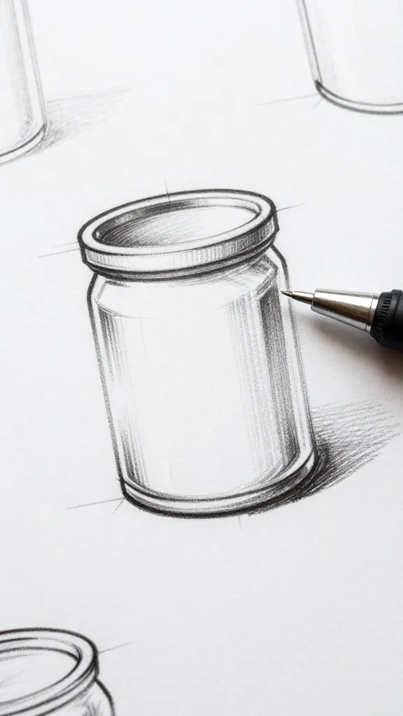 closeup of product idea sketch on white paper with pen