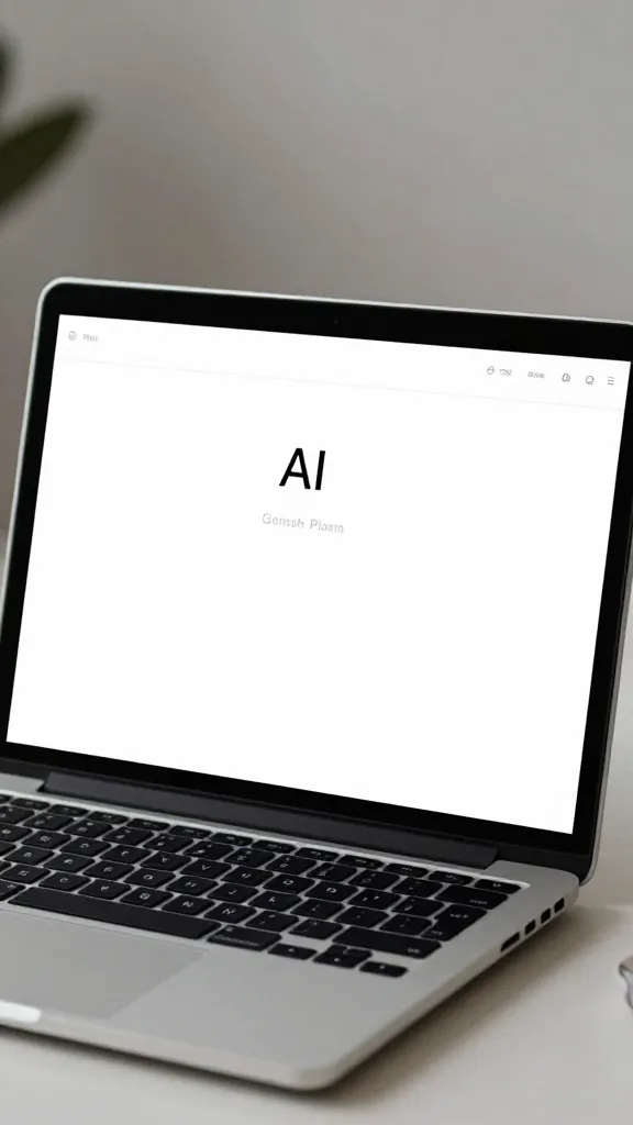 closeup of a single laptop on a desk with a minimalist AI plan template