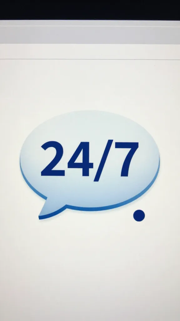 closeup of a 24/7 chat icon on a website header with a single pulsing dot